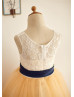 Ivory Lace Champagne Tulle Tea Length Flower Girl Dress